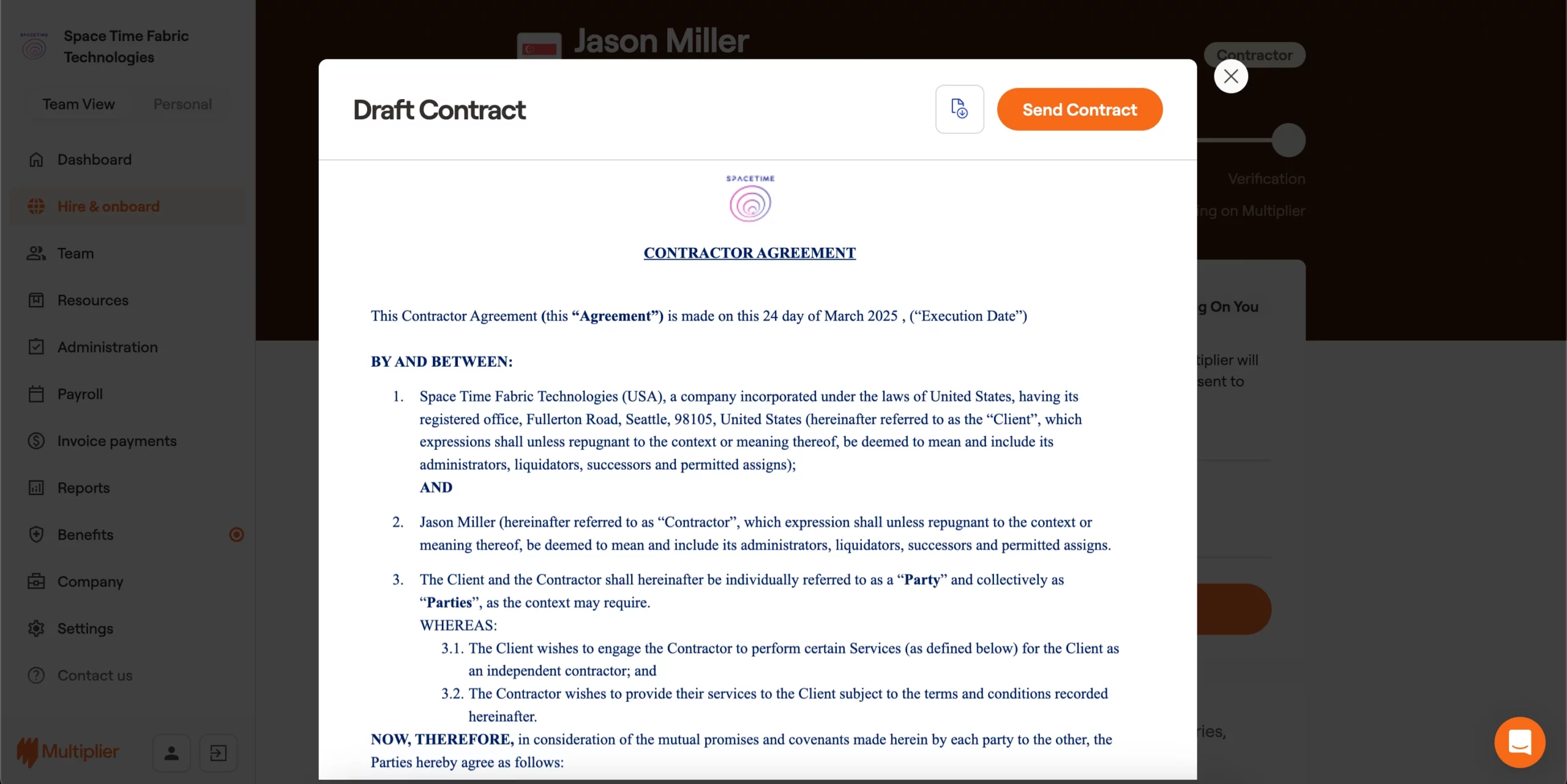 Contract sent to the contractor for onboarding in Singapore.